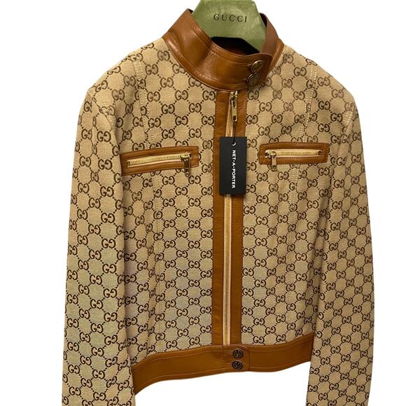 NWT Gucci GG Canvas Jacket Leather Trim Neutral Brown Tan Womens 40 / US 4 - Picture 4 of 16